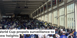 Under the watchful eye of surveillance cameras, fans leave after the France-Senegal World Cup match in East Rutherford, N.J., on June 16, 2026. AP Photo/Ted Shaffrey